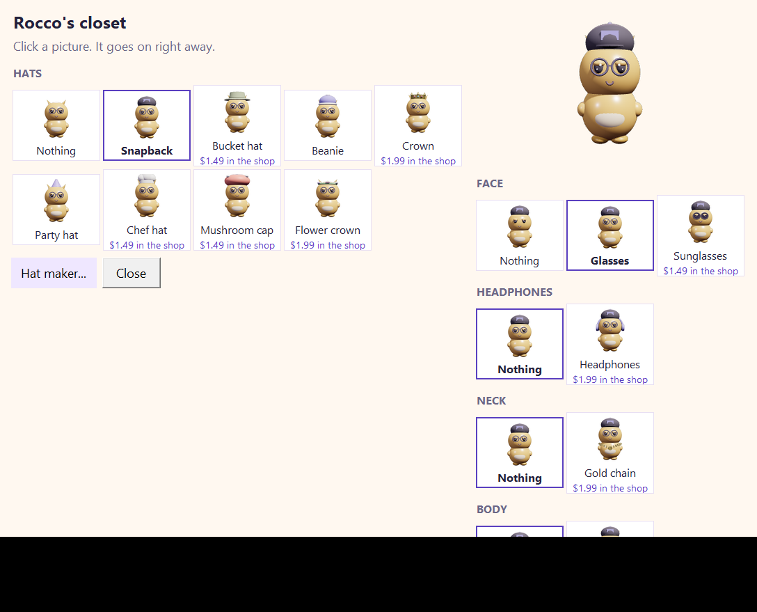 The closet, with the pet wearing each item
