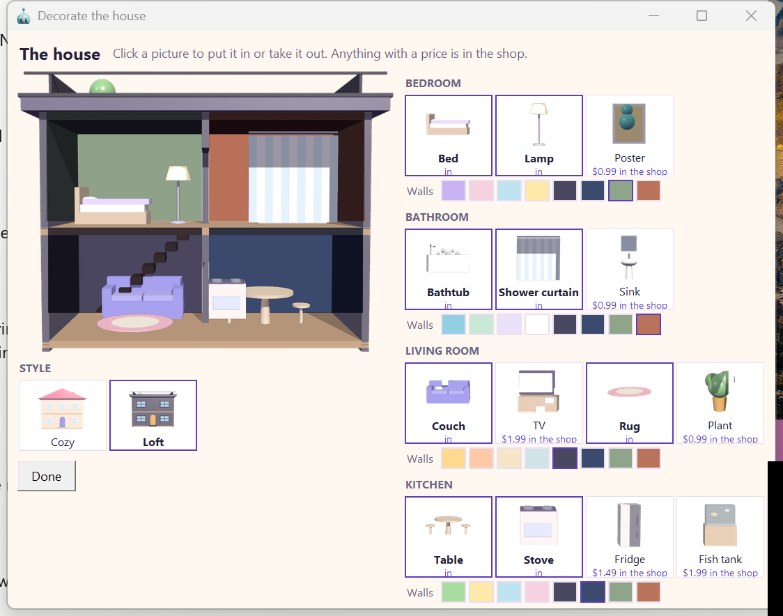 Decorating the house: a preview of the rooms, the two styles, and every piece of furniture and wall color as a picture