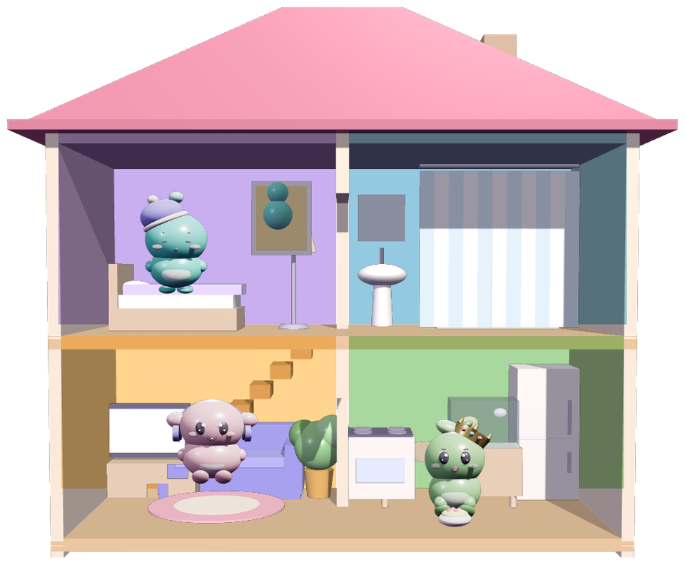 The pets' house open on the taskbar: a bedroom, a living room, a kitchen and a bathroom, with a pet in each