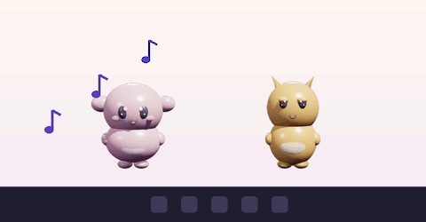 Tutu and Rocco dancing in step on the taskbar while music notes float up